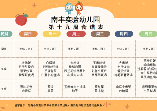 第十九周食谱（1.4-1.9）